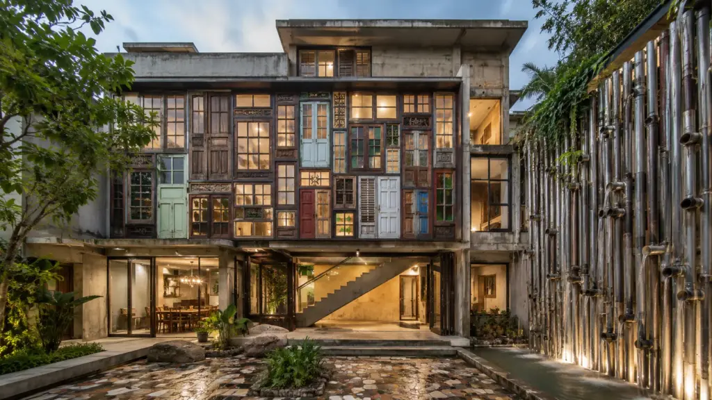 Família constrói casa de 520 m² na Índia com portas e janelas retiradas de imóveis demolidos, monta fachada como quebra-cabeça, reaproveita pedras e madeiras e transforma sobras de tubos metálicos em parede que conduz a chuva das monções