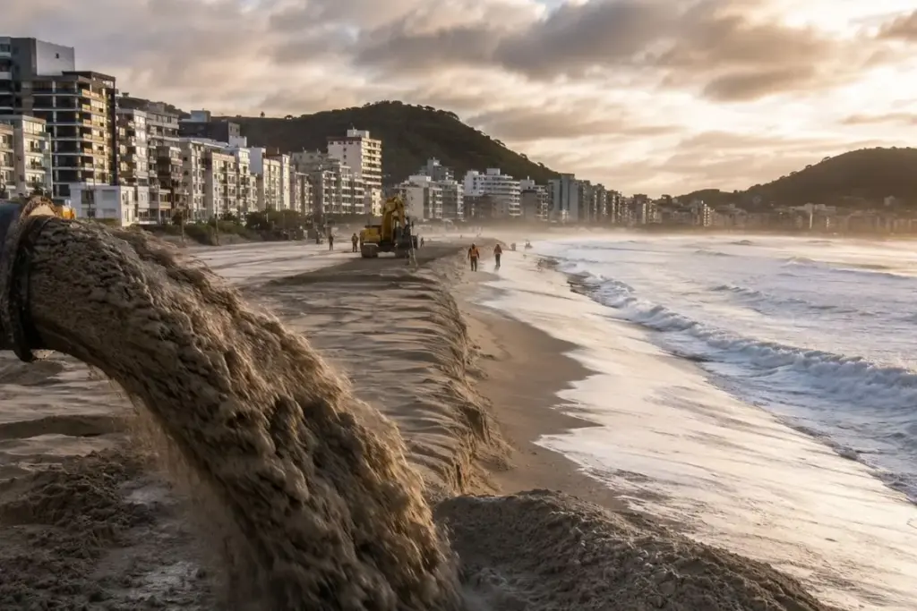 Praia catarinense que quase some na maré alta recebeu tanta areia por bombeamento que a obra de R$ 31,5 milhões passou de 70% em dez dias e vai terminar antes do prazo Praia catarinense que quase some na maré alta recebeu tanta areia por bombeamento que a obra de R$ 31,5 milhões passou de 70% em dez dias e vai terminar antes do prazo