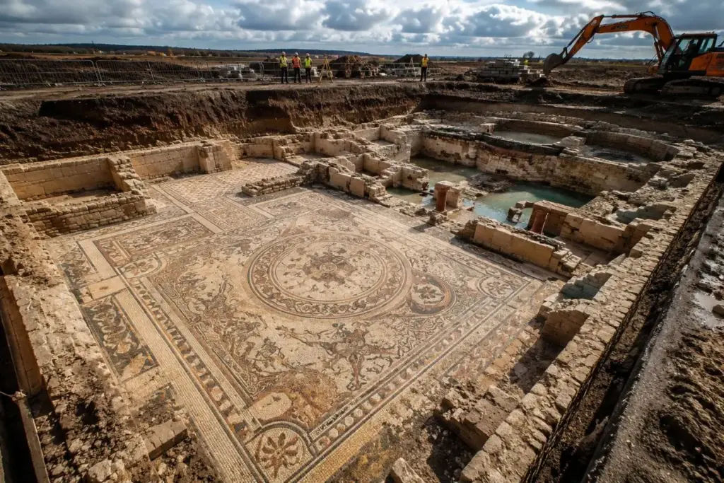 Preparando o terreno para erguer um supermercado em Olney, na Inglaterra, operários pararam tudo quando arqueólogos revelaram uma villa romana com casa de banhos e um mosaico colorido ainda vivo, preservado sob o piso da futura loja Preparando o terreno para erguer um supermercado em Olney, na Inglaterra, operários pararam tudo quando arqueólogos revelaram uma villa romana com casa de banhos e um mosaico colorido ainda vivo, preservado sob o piso da futura loja