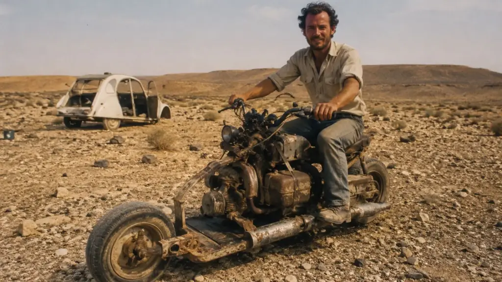 Preso no deserto do Saara com o carro quebrado a 32 km da cidade, um eletricista francês desmontou o próprio Citroën 2CV, parafusou as peças numa motocicleta e levou 12 dias para sair pilotando até ser resgatado Preso no deserto do Saara com o carro quebrado a 32 km da cidade, um eletricista francês desmontou o próprio Citroën 2CV, parafusou as peças numa motocicleta e levou 12 dias para sair pilotando até ser resgatado