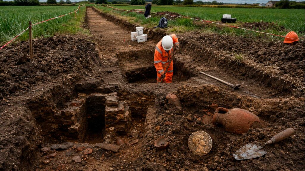 Abrindo 1.000 trincheiras, antes de construir uma ferrovia no interior da Inglaterra, equipes retiraram do solo uma moeda romana de 1.740 anos, com o nome de um comandante naval que rompeu com Roma e se declarou imperador da Britânia Abrindo 1.000 trincheiras, antes de construir uma ferrovia no interior da Inglaterra, equipes retiraram do solo uma moeda romana de 1.740 anos, com o nome de um comandante naval que rompeu com Roma e se declarou imperador da Britânia