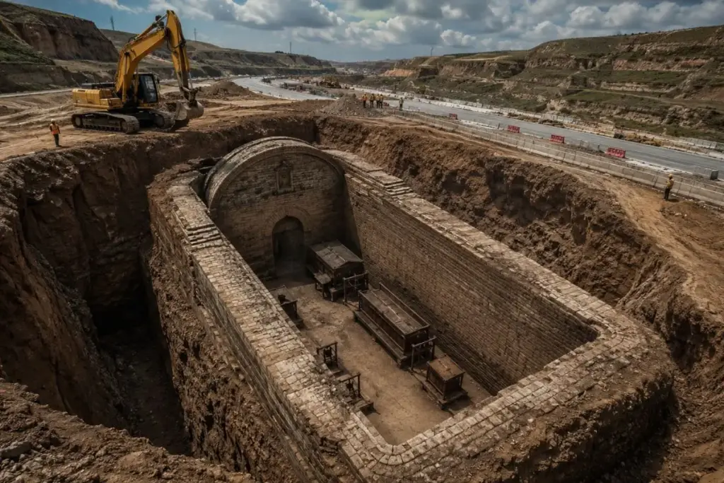 Realinhando uma rodovia na província de Shanxi, na China, operários furaram o chão e arqueólogos revelaram uma tumba da dinastia Ming de 400 anos, com 25 metros de extensão, dois caixões e móveis de madeira ainda intactos