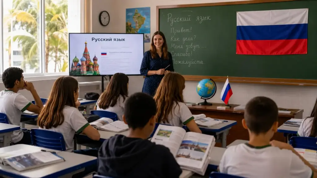 Rússia e Brasil fecharam um acordo para colocar o idioma russo na grade de algumas escolas brasileiras, com formação de professores e o envio de docentes russos ao país, numa língua falada por até 300 milhões de pessoas no mundo Rússia e Brasil fecharam um acordo para colocar o idioma russo na grade de algumas escolas brasileiras, com formação de professores e o envio de docentes russos ao país, numa língua falada por até 300 milhões de pessoas no mundo