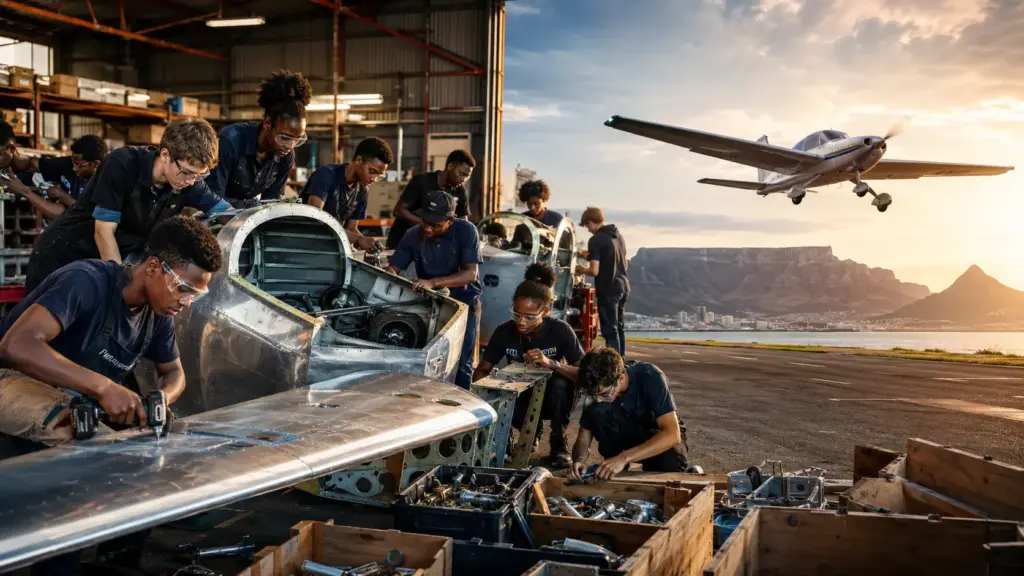 Sem experiência em aviação ou mecânica, 20 adolescentes entram em oficina na África do Sul, montam avião de quatro lugares em três semanas e acompanham aeronave voar da Cidade do Cabo até o Cairo Sem experiência em aviação ou mecânica, 20 adolescentes entram em oficina na África do Sul, montam avião de quatro lugares em três semanas e acompanham aeronave voar da Cidade do Cabo até o Cairo