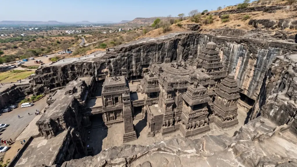 Índia transforma uma montanha de basalto em templo colossal esculpido de cima para baixo, remove até 200 mil toneladas de rocha sem erguer um único bloco e deixa em Ellora uma das obras mais inacreditáveis já talhadas diretamente na pedra