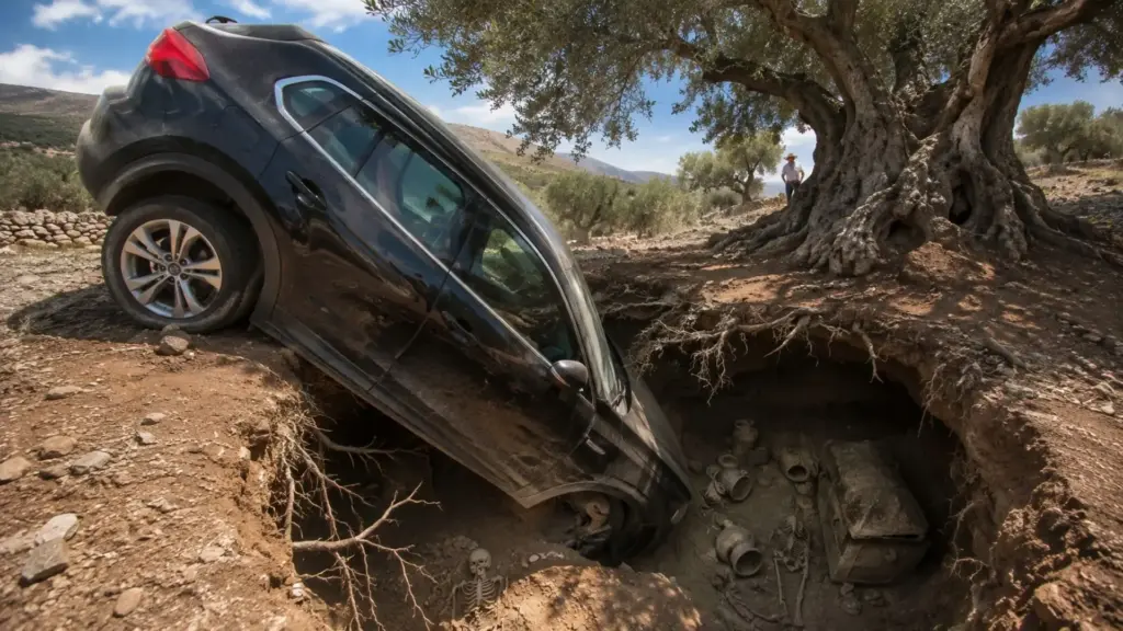 Tentando estacionar o carro sob uma oliveira no próprio terreno em Creta, na Grécia, um agricultor viu o chão ceder sob o carro e abrir um buraco que era uma tumba minoica selada de 3.400 anos, com dois esqueletos e vasos pintados