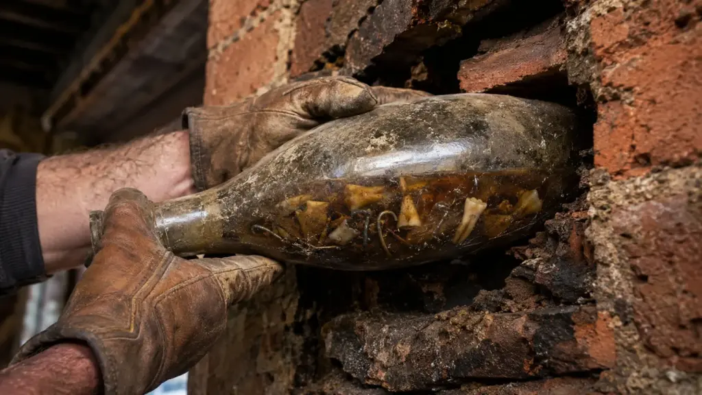 Durante a demolição de uma chaminé na Inglaterra, trabalhadores retiraram dos tijolos uma garrafa do século XIX com dentes humanos, anzóis e líquido que permanece sem identificação até hoje