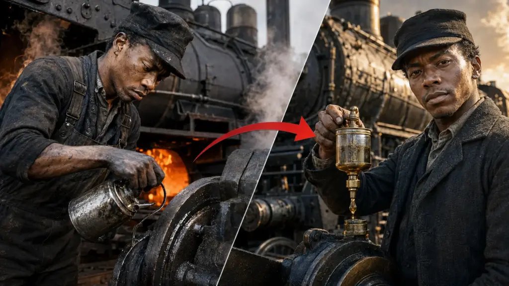 Impedido pelo racismo de ocupar um cargo de engenheiro, ferroviário observa trabalhadores aplicando óleo em peças quentes, cria em 1872 um copo gotejador que lubrifica locomotivas durante a viagem e constrói uma carreira com mais de 50 patentes