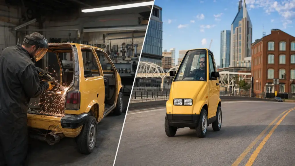 Sem diploma de engenharia, criador desmonta um Ford Festiva 1988, corta a carroceria com laser até reduzir o carro a aproximadamente metade da largura, instala motor elétrico de 20 cv e dirige pelas ruas de Nashville