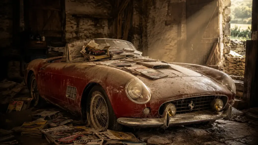 Homem guarda Ferrari rara de 1961 sob poeira e montanhas de revistas durante décadas, carro preserva números correspondentes, revela ligação com Alain Delon e vale 16,288 milhões de euros