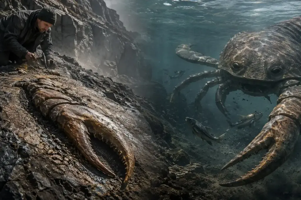 Uma garra de 46 centímetros apareceu numa pedreira da Alemanha e revelou o maior artrópode aquático já registrado, ele tinha o tamanho de um homem, caçava peixes e desapareceu antes do primeiro dinossauro Uma garra de 46 centímetros apareceu numa pedreira da Alemanha e revelou o maior artrópode aquático já registrado, ele tinha o tamanho de um homem, caçava peixes e desapareceu antes do primeiro dinossauro