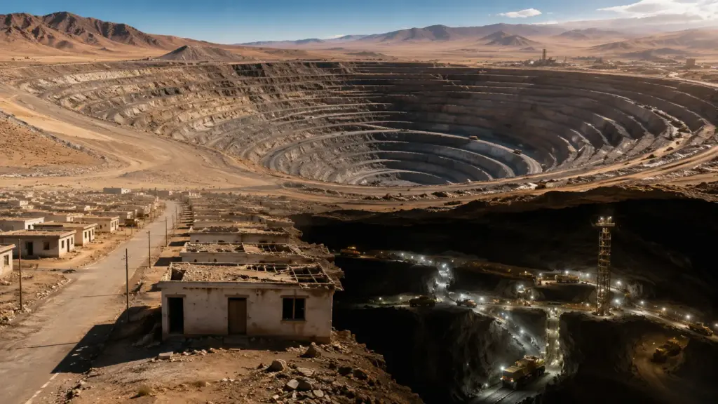 No Chile, uma mina abriu uma cratera de 5 quilômetros no deserto, fez uma cidade inteira desaparecer do mapa e agora avança por túneis a 1 quilômetro de profundidade No Chile, uma mina abriu uma cratera de 5 quilômetros no deserto, fez uma cidade inteira desaparecer do mapa e agora avança por túneis a 1 quilômetro de profundidade
