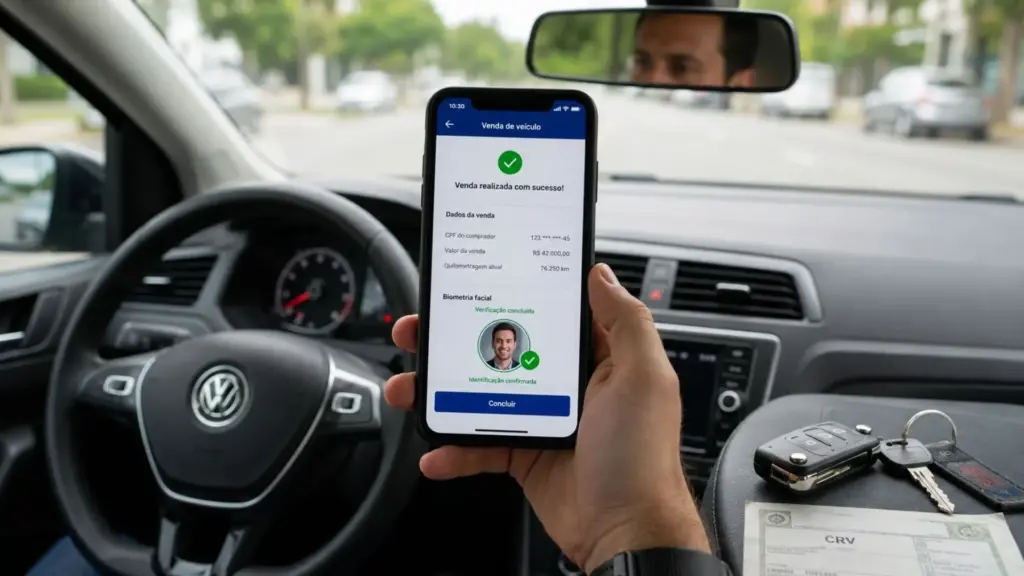 Vender o carro agora não exige mais reconhecer firma em cartório, e a venda sai pelo celular em poucos minutos com biometria facial, CPF do comprador, valor da venda e quilometragem atual Vender o carro agora não exige mais reconhecer firma em cartório, e a venda sai pelo celular em poucos minutos com biometria facial, CPF do comprador, valor da venda e quilometragem atual