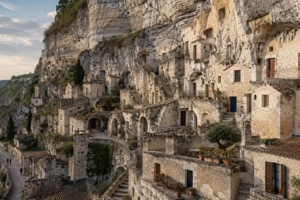 Vila da França tem cerca de trezentos moradores e parte deles vive até hoje em casas escavadas na rocha calcária, empilhadas em terraços que sobem pela encosta, ocupadas desde a Idade Média e com a temperatura estável o ano todo, fresca no verão e protegida do frio no inverno Vila da França tem cerca de trezentos moradores e parte deles vive até hoje em casas escavadas na rocha calcária, empilhadas em terraços que sobem pela encosta, ocupadas desde a Idade Média e com a temperatura estável o ano todo, fresca no verão e protegida do frio no inverno