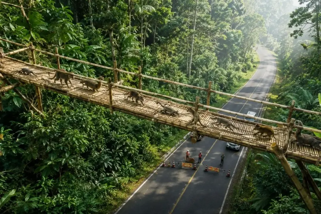 Voluntários fecham estrada e constroem pontes minúsculas de bambu para bichos atravessarem, e o resultado apareceu rápido, a contagem dobrou para 10 mil animais em apenas um ano