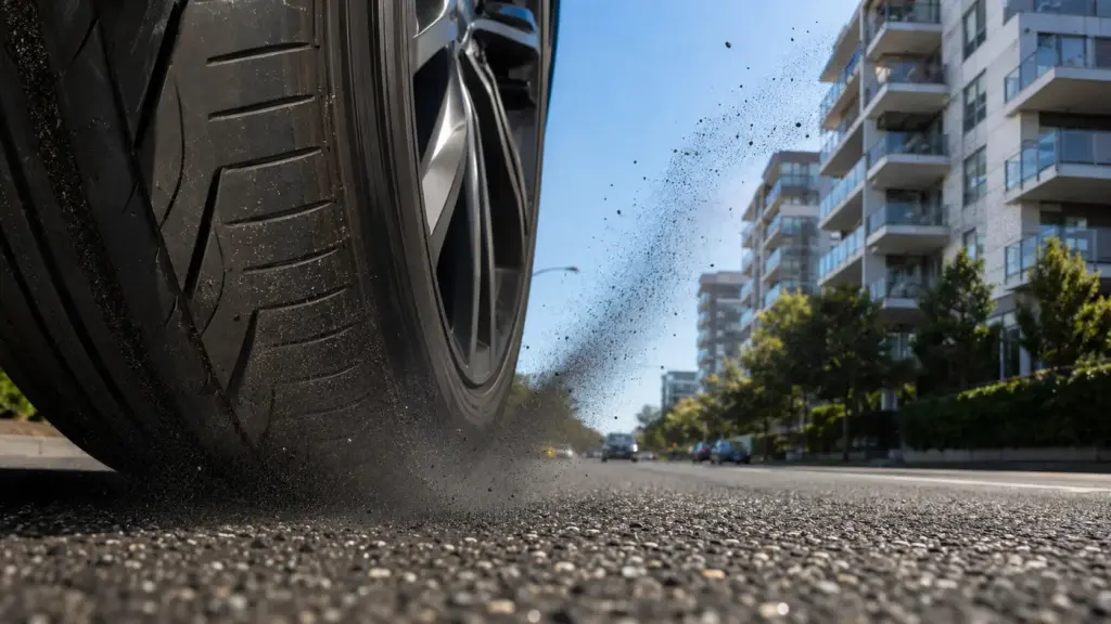 Enquanto os veículos circulam e desgastam os pneus no asfalto, a poeira dos pneus pode ser transportada pelo vento até áreas residenciais e acumular substâncias químicas em varandas, inclusive em imóveis afastados da origem exata das partículas
