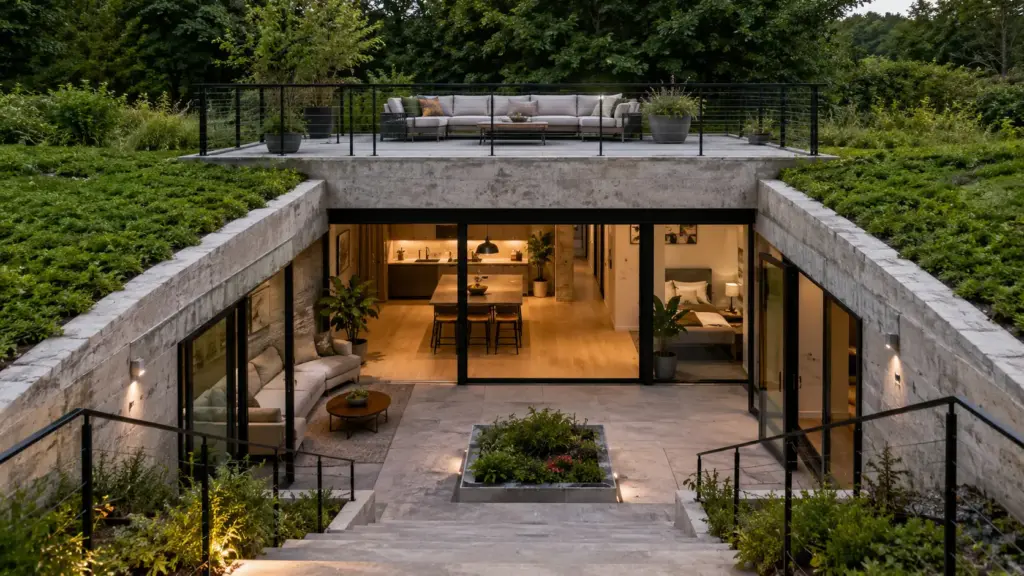 Antigo bunker da Segunda Guerra Mundial sem janelas e enterrado sob concreto vira casa moderna no Reino Unido, ganha luz natural, terraço privativo, dois quartos e aparece anunciado por £650 mil após transformação radical em Bicester