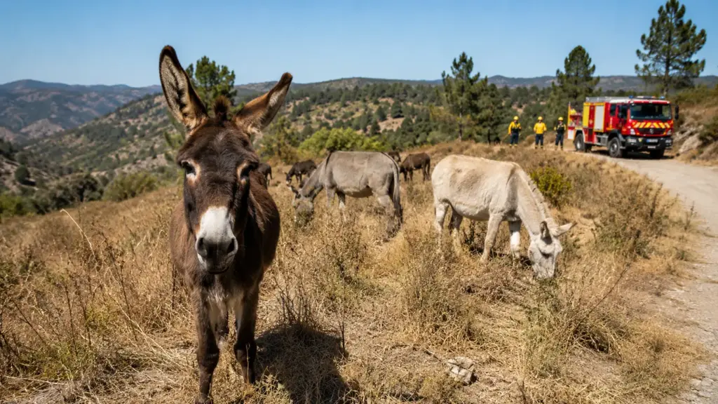 Voluntário resgata burro maltratado na Catalunha, na Espanha, e o transforma em “bombeiro” florestal, criando rebanho de 62 animais que devora vegetação seca e abre aceiros para conter incêndios no Mediterrâneo