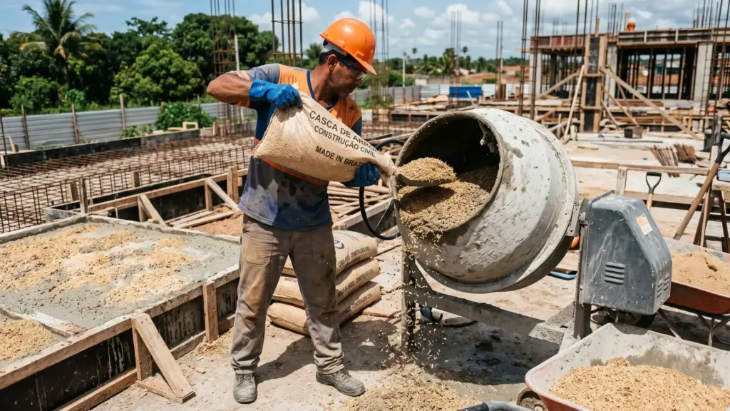 Casca de arroz que viraria resíduo agrícola, poeira industrial e problema de descarte é queimada em caldeiras, transformada em cinza rica em sílica e usada como insumo para substituir parte do cimento em concretos, e só a safra brasileira de 10,59 milhões de toneladas em 2023/24 poderia gerar cerca de 529 mil toneladas de cinza