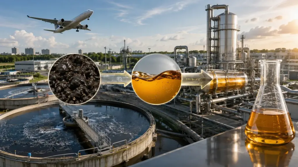 Combustível de avião feito de esgoto humano, sem petróleo bruto e sem plantar soja, milho ou cana: empresa britânica transforma lodo de estação de tratamento em biocrude, refina o material em SAF e fecha acordo de 15 anos para abastecer voos comerciais