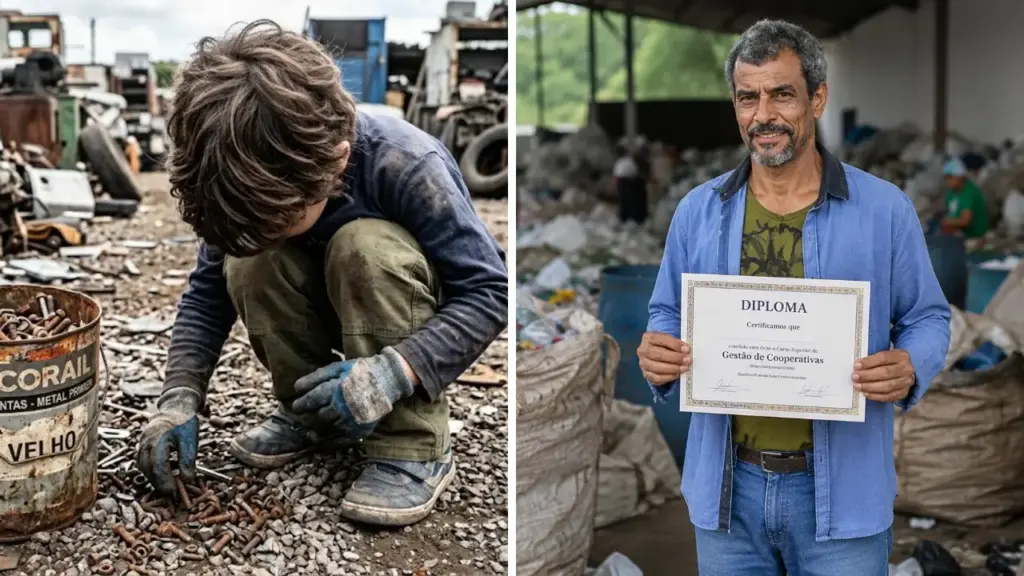 Ele começou a juntar sucata aos 7 anos para ajudar a avó e seus primos, retomou os estudos quando adulto pela EJA, concluiu gratuitamente a graduação em gestão de cooperativas e, aos 54 anos, tornou-se um exemplo para os filhos