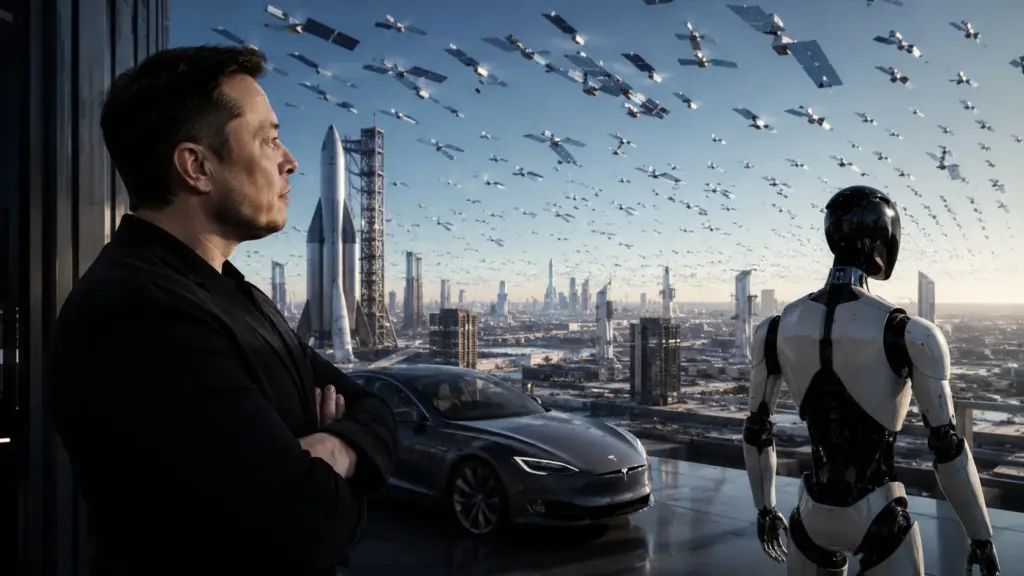 Elon Musk revela quando a inteligência artificial poderá superar os seres humanos, explica como Tesla, SpaceX, xAI, robôs humanoides e um milhão de satélites podem transformar o trabalho, impulsionar uma era de abundância tecnológica e mudar o futuro da humanidade até 2036