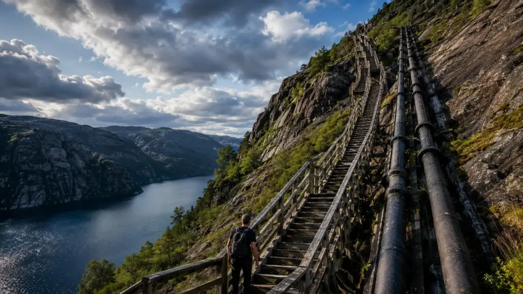 Sem estrada e cercado por montanhas na Noruega, vilarejo mantém 4.444 degraus de madeira ao lado de antigos tubos de hidrelétrica, sobe 740 metros sobre um fiorde e só pode ser alcançado regularmente por barco ou a pé