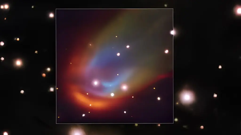 Telescópio do ESO fotografa uma onda de choque colorida ao redor de uma estrela morta a 730 anos-luz da Terra, identifica hidrogênio, nitrogênio e oxigênio no arco de gás e conclui que o fenômeno persiste há pelo menos mil anos sem o disco de matéria que os modelos consideram obrigatório, revelando um motor que ninguém sabe explicar