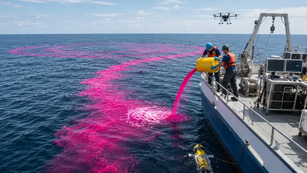 Cientistas despejaram cerca de 62 mil litros de solução alcalina no Golfo do Maine e tingiram o oceano de rosa em um experimento inédito que pode mudar o combate às mudanças climáticas e revelar uma nova forma de capturar CO₂