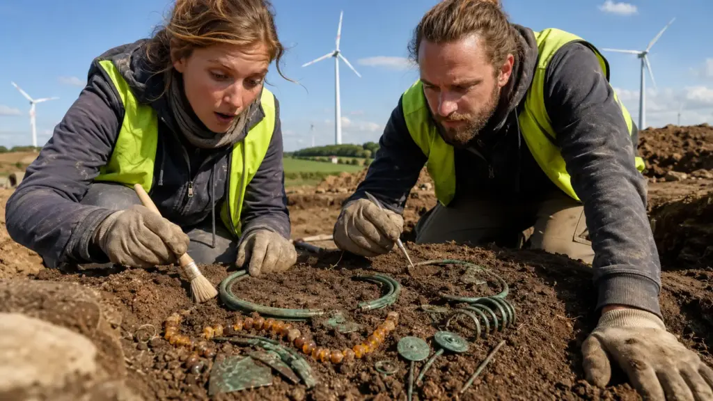 Arqueólogos que acompanhavam as obras de 19 turbinas eólicas encontraram joias da Idade do Bronze enterradas havia mais de 3.300 anos Arqueólogos que acompanhavam as obras de 19 turbinas eólicas encontraram joias da Idade do Bronze enterradas havia mais de 3.300 anos
