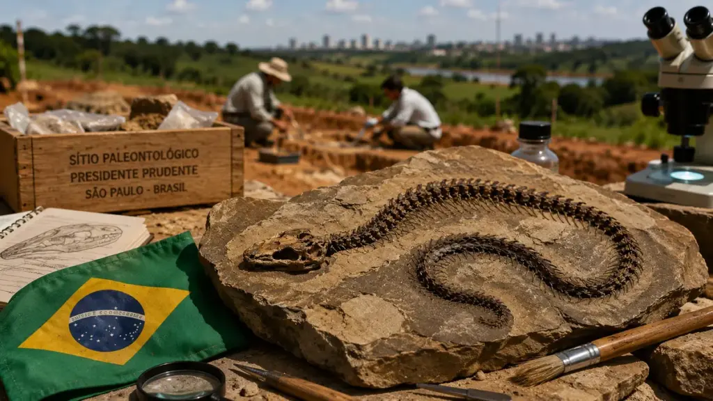 Fóssil raro encontrado no interior de São Paulo revela nova espécie de cobra subterrânea que viveu há até 85 milhões de anos, preservou parte do crânio e mais de 100 vértebras, e ainda permitiu aos cientistas reconstruir regiões do cérebro Fóssil raro encontrado no interior de São Paulo revela nova espécie de cobra subterrânea que viveu há até 85 milhões de anos, preservou parte do crânio e mais de 100 vértebras, e ainda permitiu aos cientistas reconstruir regiões do cérebro