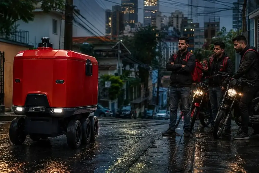 iFood já roda em São Paulo um robô entregador que faz 35 pedidos por dia, carrega 30 quilos e aguenta 12 horas sem recarregar, e mira mil dessas máquinas até 2030 dizendo que elas vão pegar as rotas que ninguém quer