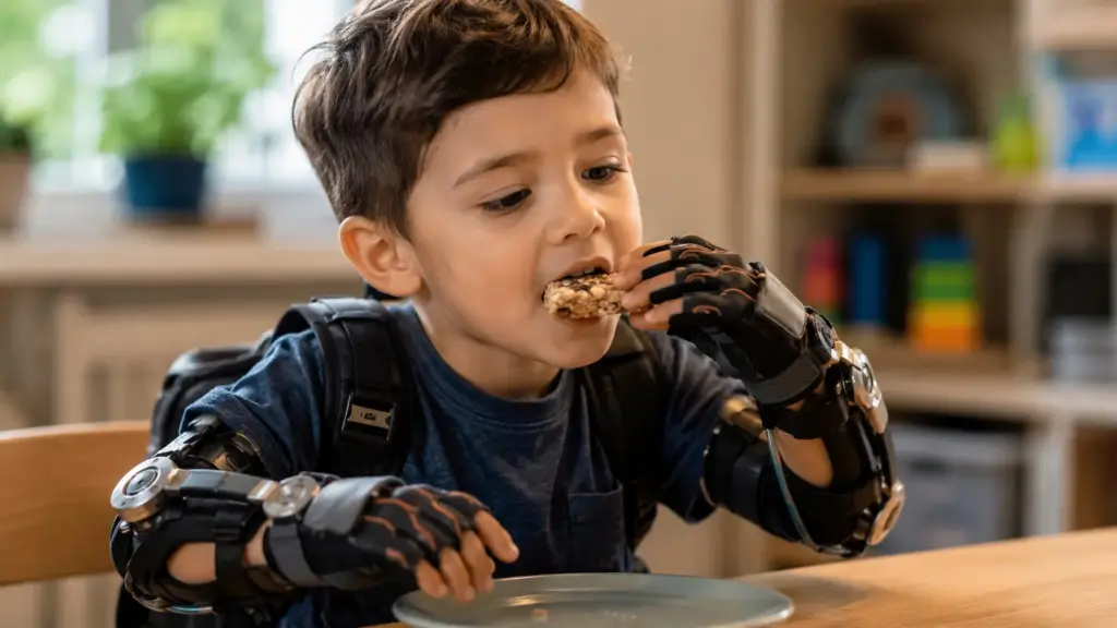 Depois que uma condição neurológica tirou grande parte dos movimentos de seus braços, menino de 5 anos recebeu exoesqueleto criado em 10 semanas por quatro estudantes, com motores, sensores e controle levado em uma mochila Depois que uma condição neurológica tirou grande parte dos movimentos de seus braços, menino de 5 anos recebeu exoesqueleto criado em 10 semanas por quatro estudantes, com motores, sensores e controle levado em uma mochila