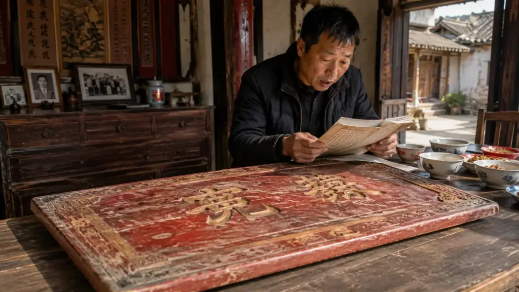 Homem usa mesa de jantar da família há décadas numa zona rural da China e, ao pesquisar dois caracteres dourados entalhados na madeira, descobre que a peça era na verdade uma tábua de honra da Dinastia Qing, hoje avaliada como herança de família após viralizar com mais de 10 milhões de visualizações Homem usa mesa de jantar da família há décadas numa zona rural da China e, ao pesquisar dois caracteres dourados entalhados na madeira, descobre que a peça era na verdade uma tábua de honra da Dinastia Qing, hoje avaliada como herança de família após viralizar com mais de 10 milhões de visualizações