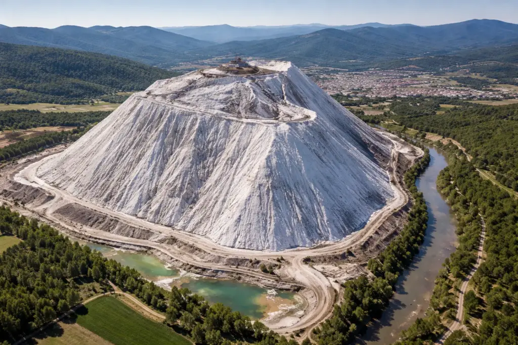 Com 1,5 km de comprimento, até 30 metros de altura e 38 milhões de toneladas, El Cogulló virou um colosso branco maior que o próprio morro que lhe deu nome: uma montanha artificial equivalente a mais de 300 estádios do Maracanã cheios de sal e a maior acumulação visível de sal e potassa da Europa