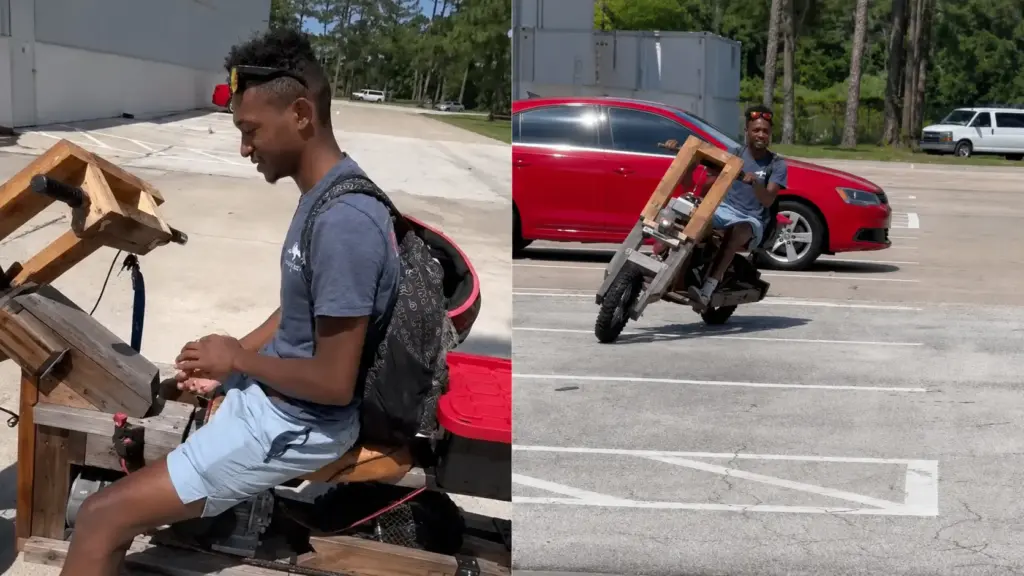 Sem carro, estudante de engenharia constrói com peças de cedro uma motocicleta elétrica de madeira equipada com motor de 2.000 W, freios hidráulicos e iluminação, coloca o veículo para funcionar nas ruas