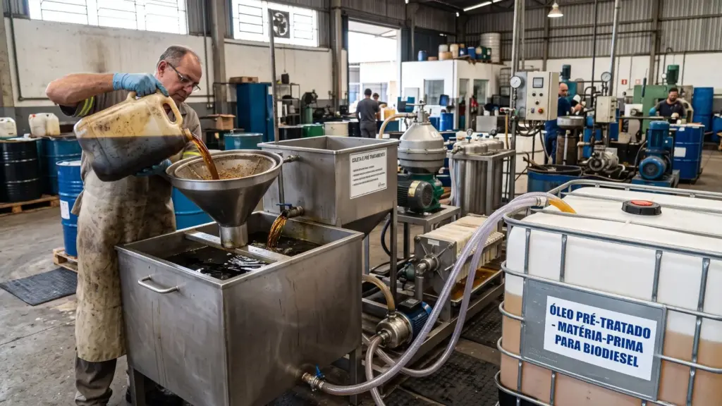 Óleo de cozinha usado que iria entupir redes de esgoto, contaminar até 25 mil litros de água por litro descartado e virar resíduo invisível passa a ser coletado e pré-tratado como matéria-prima para biodiesel, diesel verde e combustível sustentável de aviação, e só no Estado de São Paulo há potencial anual de 220,2 milhões de litros desse descarte Óleo de cozinha usado que iria entupir redes de esgoto, contaminar até 25 mil litros de água por litro descartado e virar resíduo invisível passa a ser coletado e pré-tratado como matéria-prima para biodiesel, diesel verde e combustível sustentável de aviação, e só no Estado de São Paulo há potencial anual de 220,2 milhões de litros desse descarte