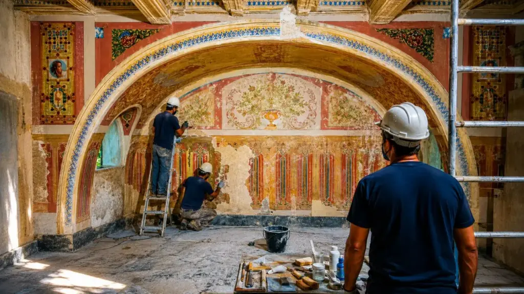 Restauradores encontram pinturas escondidas, quarto com céu estrelado e detalhes históricos preservados desde os anos 1920 durante reforma do Parque Lage, no Rio de Janeiro