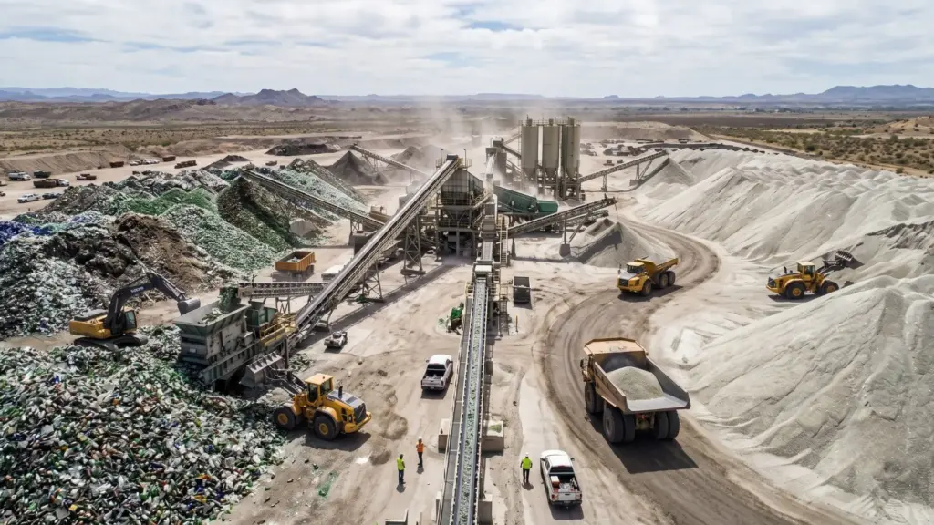 Vidro descartado que iria para aterros, aumentaria risco de acidentes na coleta e ficaria fora da reciclagem por falta de logística é moído e usado como substituto parcial da areia em concreto, pavers e misturas asfálticas, enquanto o Brasil consumiu 877 mil toneladas de embalagens de vidro em 2024 e só 221 mil toneladas retornaram para a indústria