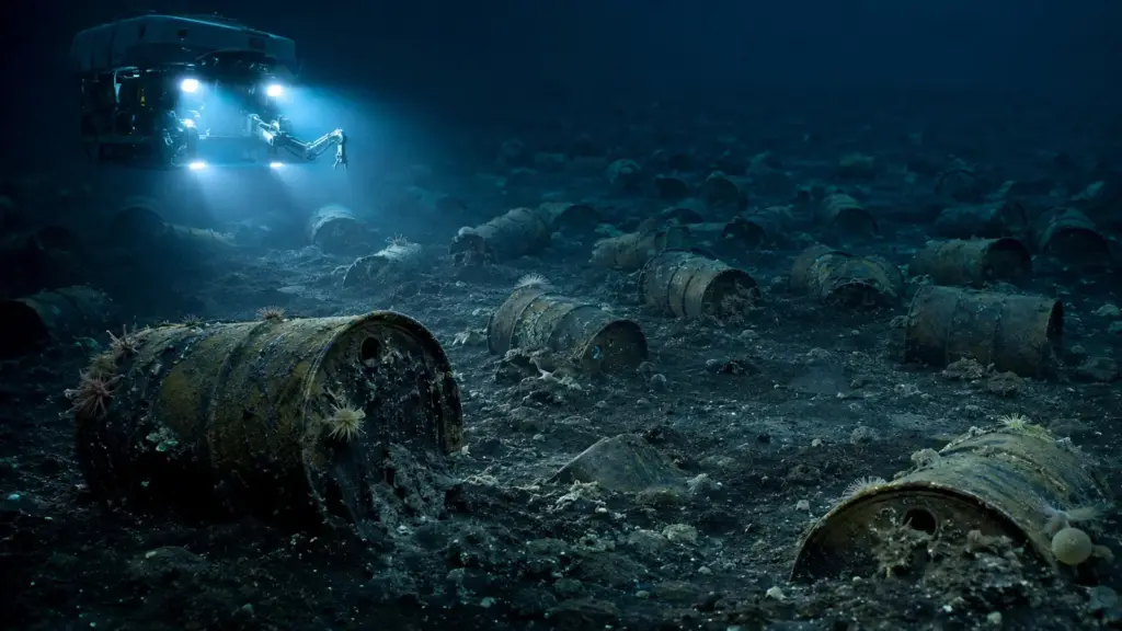 A 4.700 metros no fundo do Atlântico, cientistas encontram mais de 200 mil barris com resíduos radioativos descartados há décadas, alguns já corroídos e liberando material enquanto pesquisadores investigam o impacto no oceano