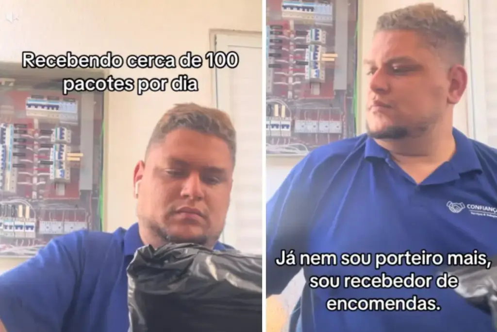Quando as compras chegam sem dar trégua, porteiro recebe 100 pacotes por dia na guarita, empilha caixas e envelopes entre interfones e câmeras, até resumir com humor a rotina que transformou a portaria em balcão de encomendas do condomínio residencial
