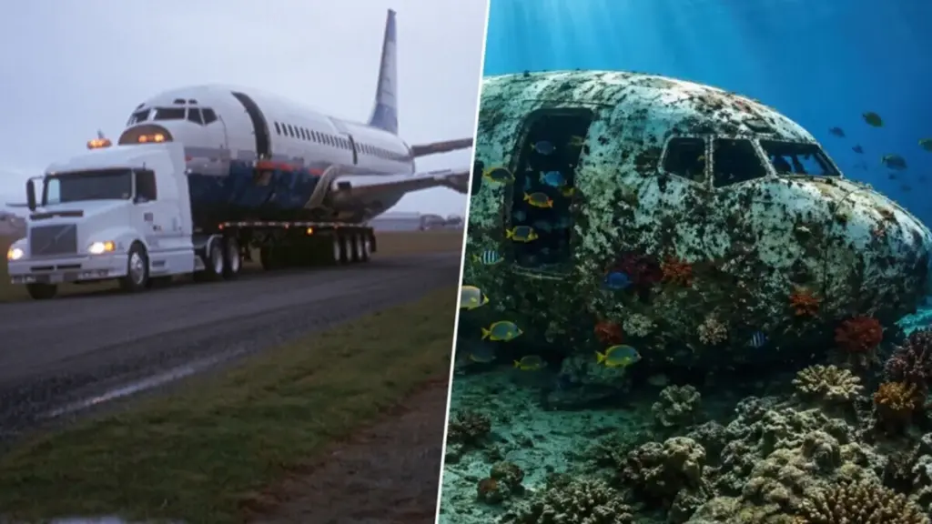 Um guindaste baixou lentamente no mar um Boeing 737-200 de 30 metros, colocou o avião sobre bases a 27 metros de profundidade e, quase 20 anos depois, ele virou um recife incrível e fascinante
