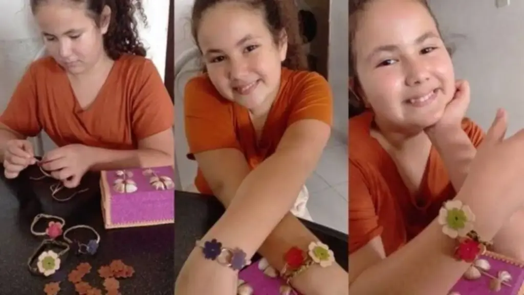 Maria Clara, de só 9 anos, faz restos de couro que iria para o lixo virar pulseiras, cria a própria marca no sertão da Paraíba e ajuda a família a ganhar cerca de R$ 2 mil a mais por mês Maria Clara, de só 9 anos, faz restos de couro que iria para o lixo virar pulseiras, cria a própria marca no sertão da Paraíba e ajuda a família a ganhar cerca de R$ 2 mil a mais por mês