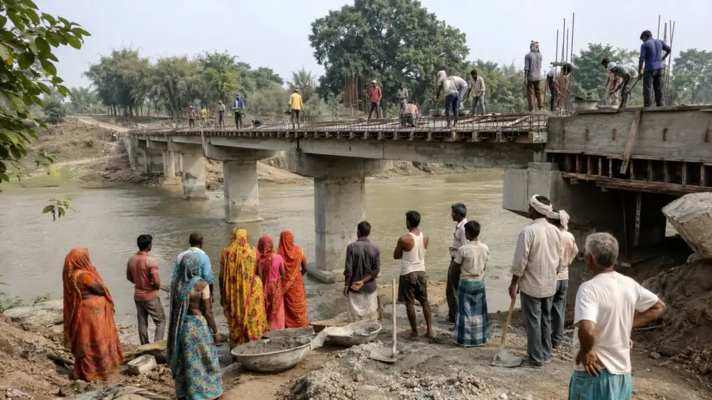 Moradores cansam de esperar pelas autoridades e decidem construir por conta própria ponte de 33 metros de cerca de meio milhão que beneficiará 50 aldeias e reduzirá trajeto em 25 km Moradores cansam de esperar pelas autoridades e decidem construir por conta própria ponte de 33 metros de cerca de meio milhão que beneficiará 50 aldeias e reduzirá trajeto em 25 km