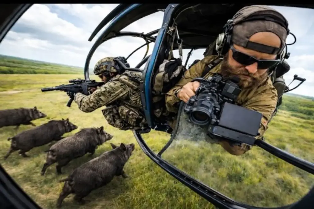 O Texas aprova lei que autoriza fazendeiros a contratar helicópteros e atirar do alto em javalis que destroem lavouras, transforma a caça aérea num serviço pago em que qualquer um pode embarcar como atirador e cria uma indústria inteira em volta do porco selvagem que nenhuma cerca segura