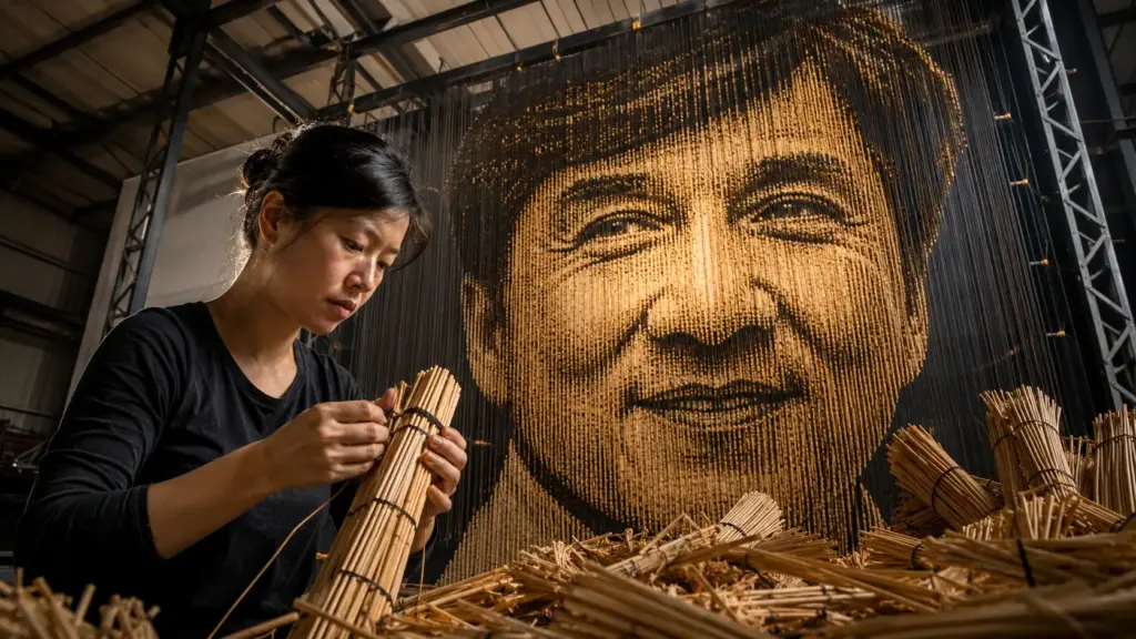 Arquiteta deixou a profissão e passou a erguer retratos com objetos descartáveis: um Jackie Chan exigiu 64 mil hashis suspensos numa estrutura de aço