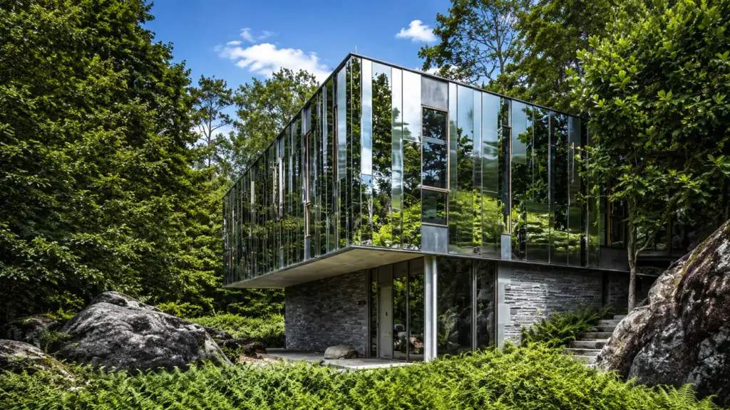 Casa espelhada de US$ 15 milhões parece desaparecer numa floresta de Nova York, ocupa cerca de 417 m² e foi construída entre rochas sem usar explosivos no terreno