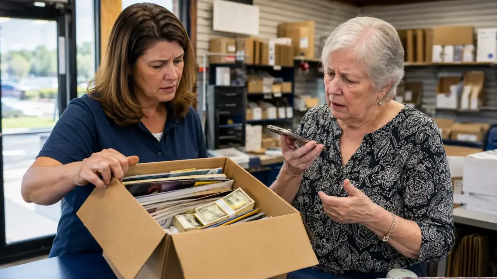 Dona de agência postal ouve ligação no viva voz, sacode pacote prestes a ser enviado, encontra 25 mil dólares escondidos entre revistas e impede idosa de cair em golpe de falsa cobrança de impostos