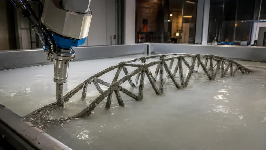 Robô usa impressão 3D de concreto dentro de líquido, produz uma ponte de 4,2 metros com cinco partes e capaz de suportar mais de vinte vezes o próprio peso