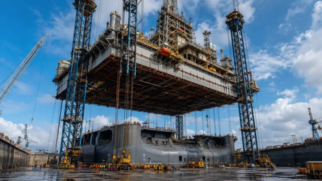 Petrobras ergueu o convés de 17 mil toneladas da plataforma P-55 a 47,6 metros em Rio Grande para encaixar o casco inteiro por baixo e reduzir meses de construção